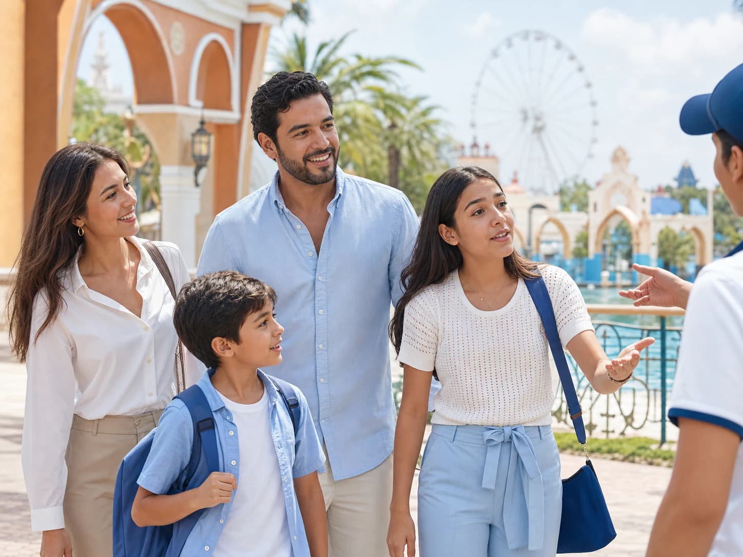 Familia explorando un nuevo destino mientras una adolescente se comunica con confianza