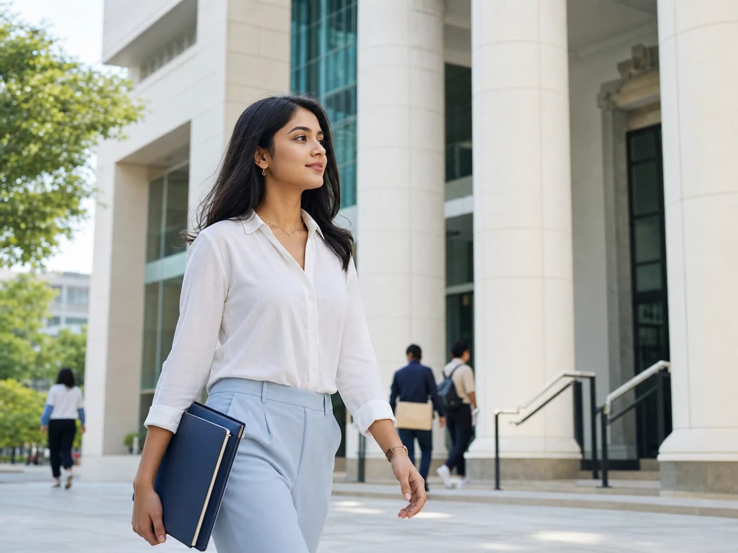 Estudiante llegando con confianza a un campus internacional